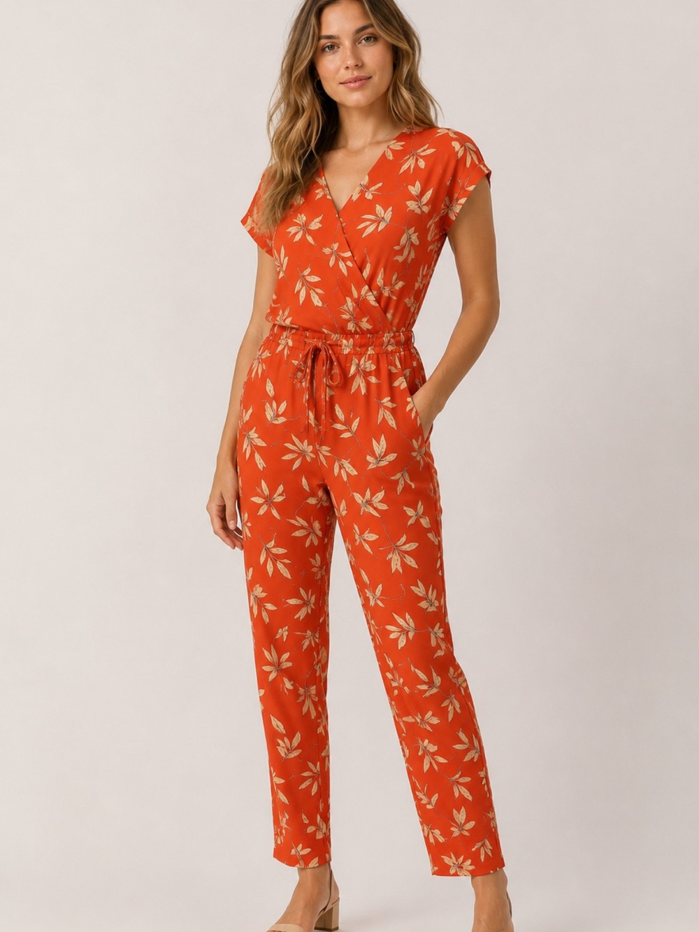 Oui orange  Jumpsuit Wrap Style Sleeveless Elastic Waist Size US 10 Stretch